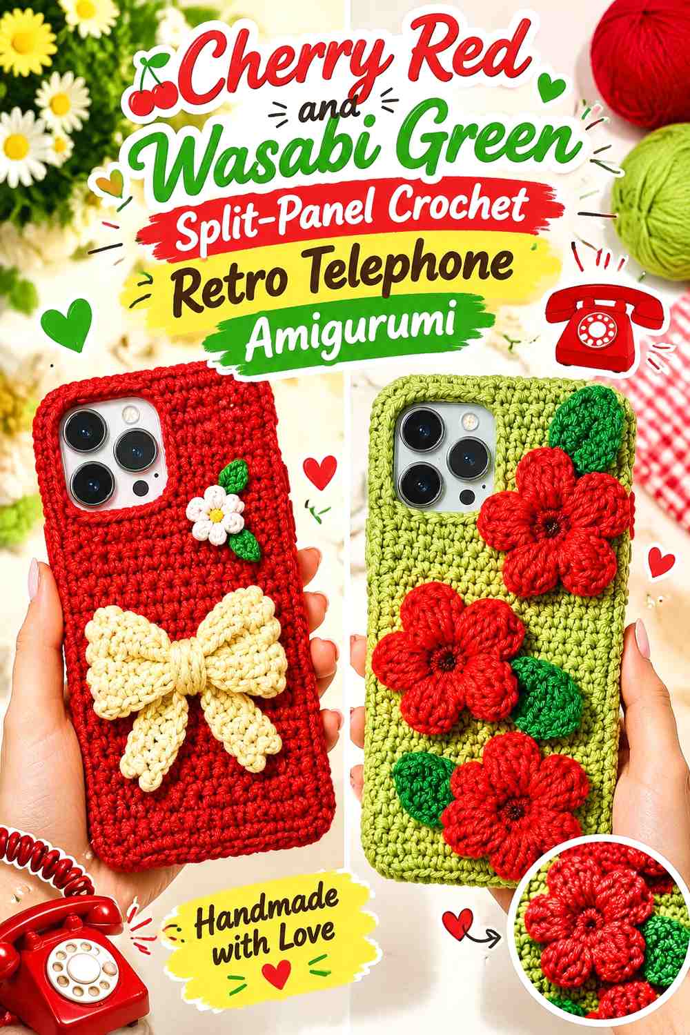 Cherry Red and Wasabi Green Split-Panel Crochet Retro Telephone Amigurumi