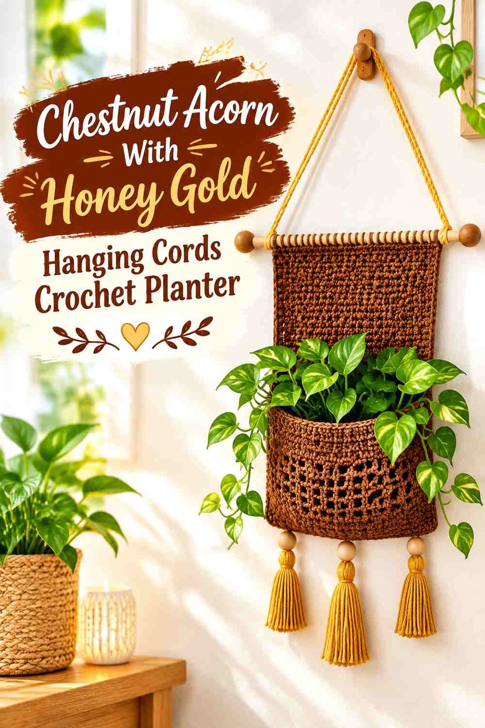 Chestnut Acorn With Honey Gold Hanging Cords Crochet Planter