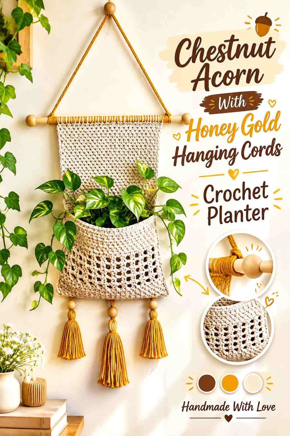 Chestnut Acorn With Honey Gold Hanging Cords Crochet Planter