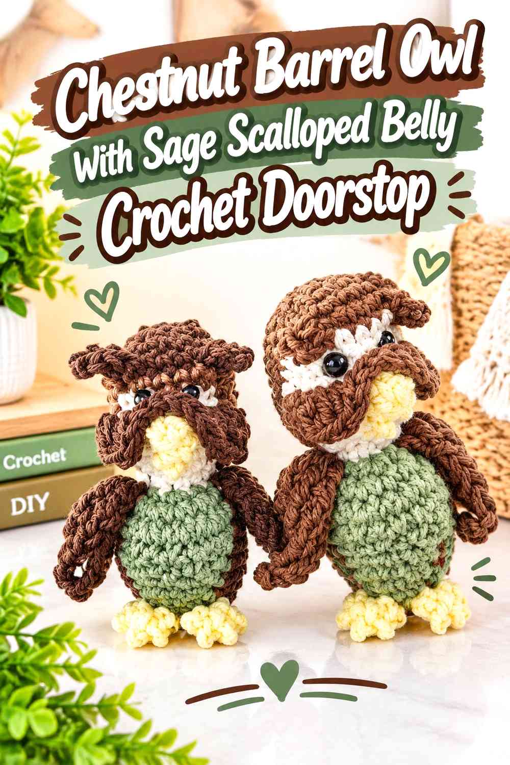 Chestnut Barrel Owl With Sage Scalloped Belly Crochet Doorstop