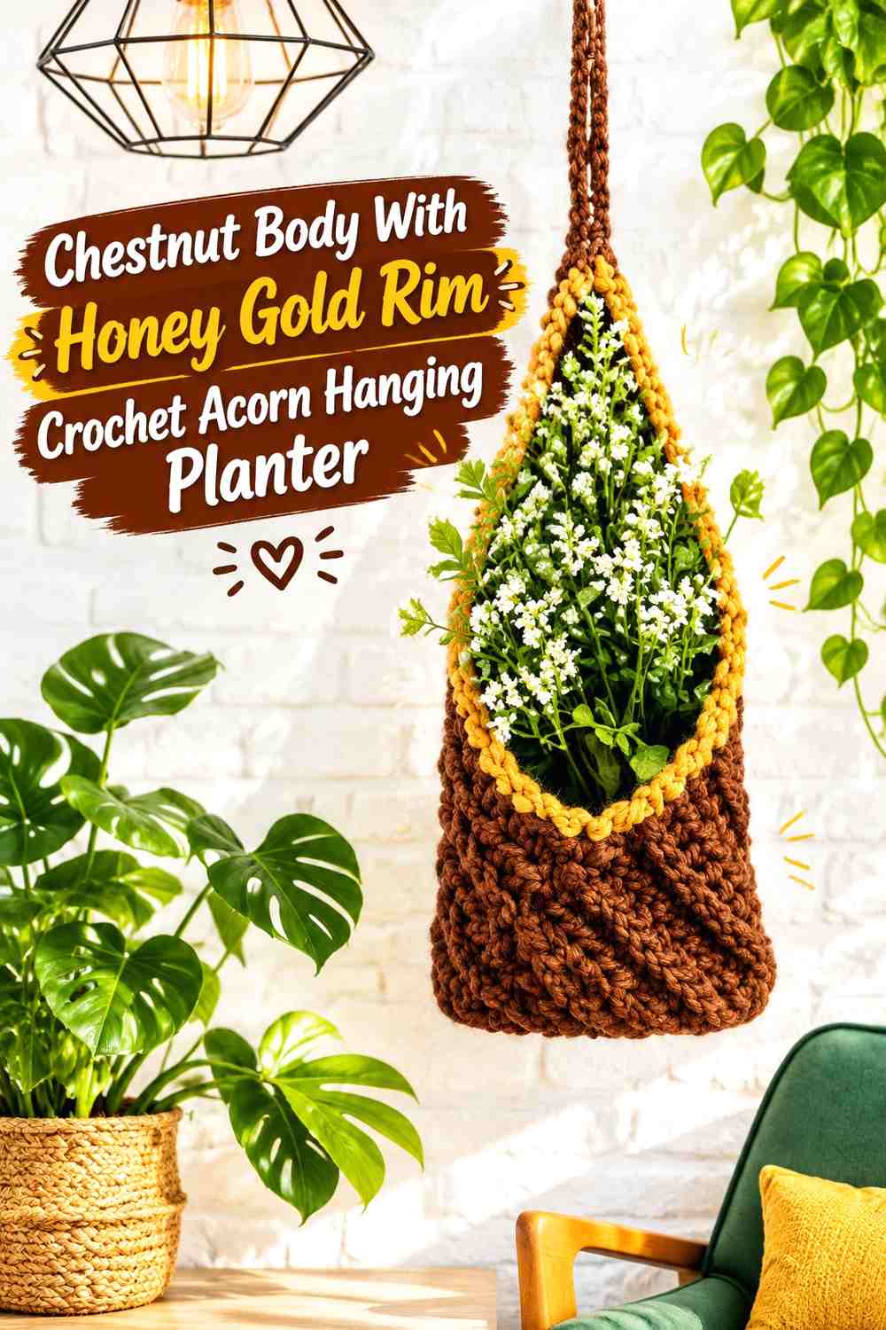 Chestnut Body With Honey Gold Rim Crochet Acorn Hanging Planter
