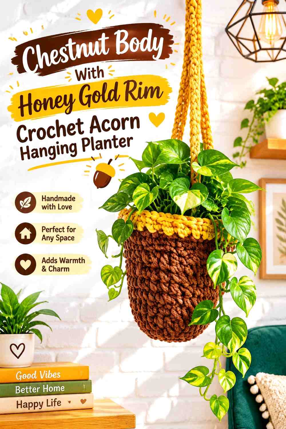 Chestnut Body With Honey Gold Rim Crochet Acorn Hanging Planter