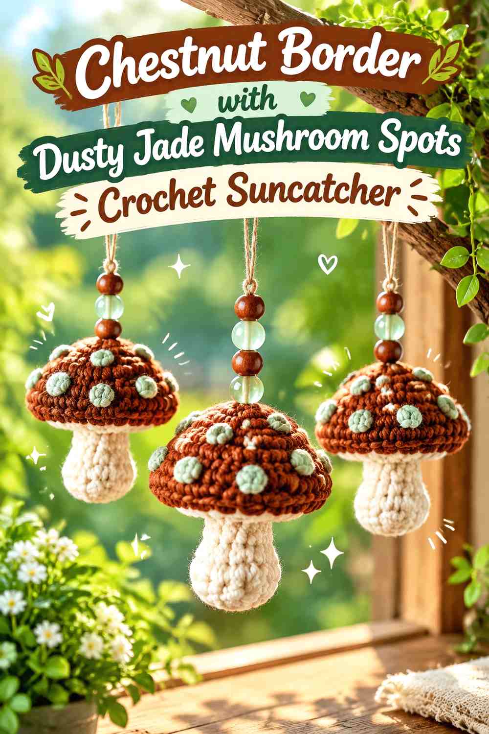 Chestnut Border with Dusty Jade Mushroom Spots Crochet Suncatcher