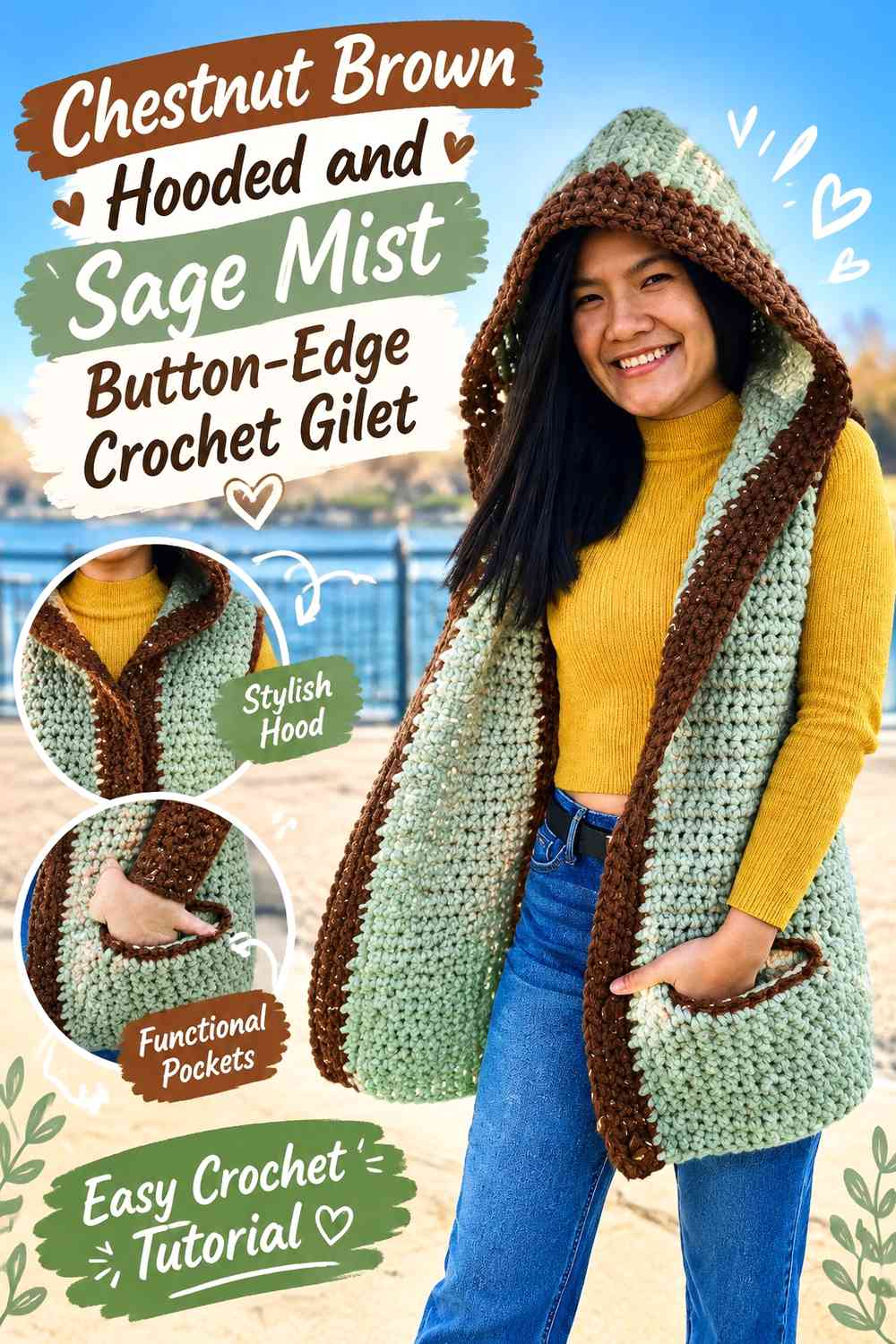 Chestnut Brown Hooded and Sage Mist Button-Edge Crochet Gilet