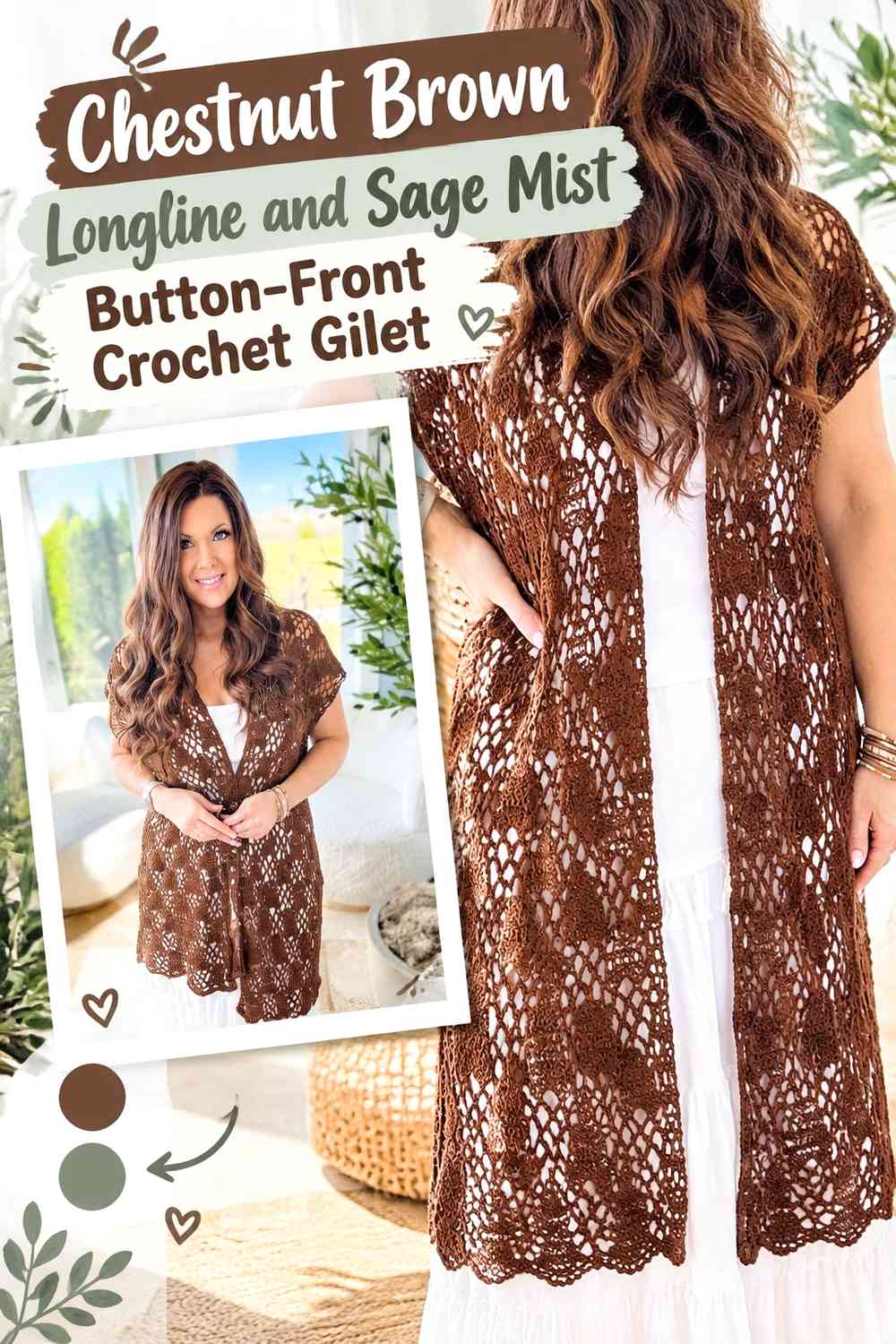 Chestnut Brown Longline and Sage Mist Button-Front Crochet Gilet