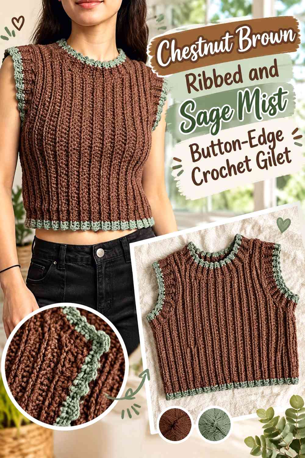 Chestnut Brown Ribbed and Sage Mist Button-Edge Crochet Gilet