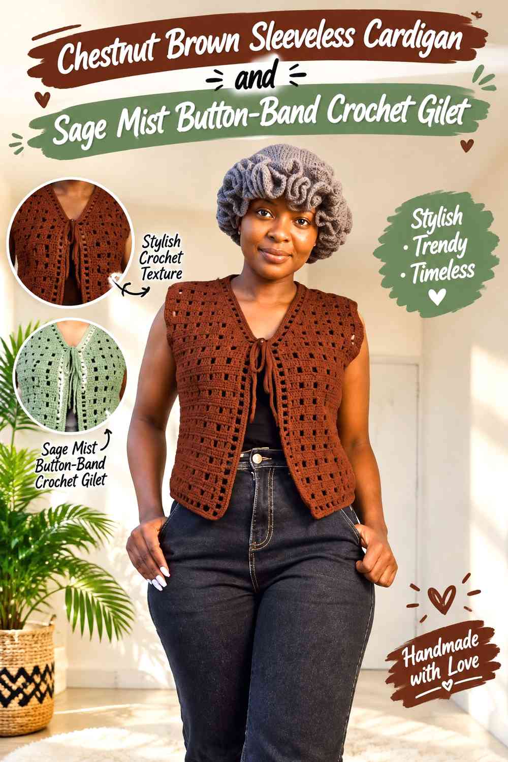 Chestnut Brown Sleeveless Cardigan and Sage Mist Button-Band Crochet Gilet