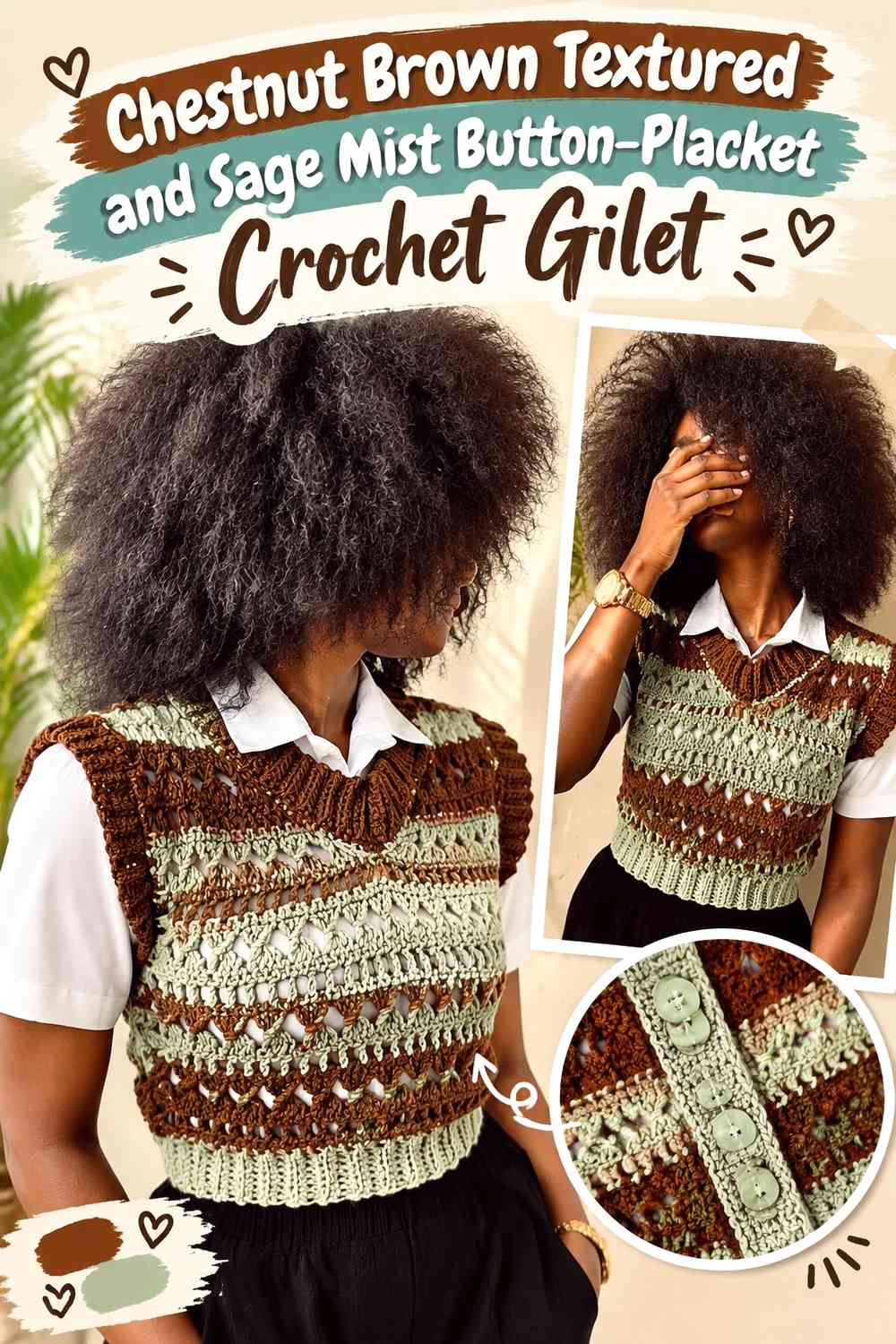 Chestnut Brown Textured and Sage Mist Button-Placket Crochet Gilet