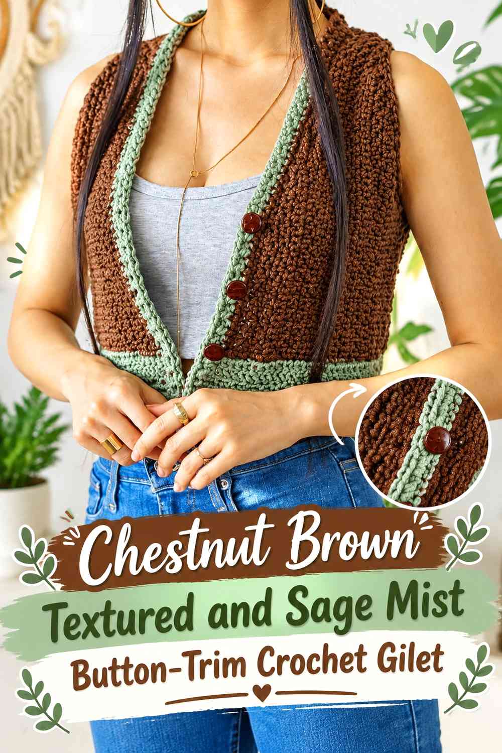 Chestnut Brown Textured and Sage Mist Button-Trim Crochet Gilet