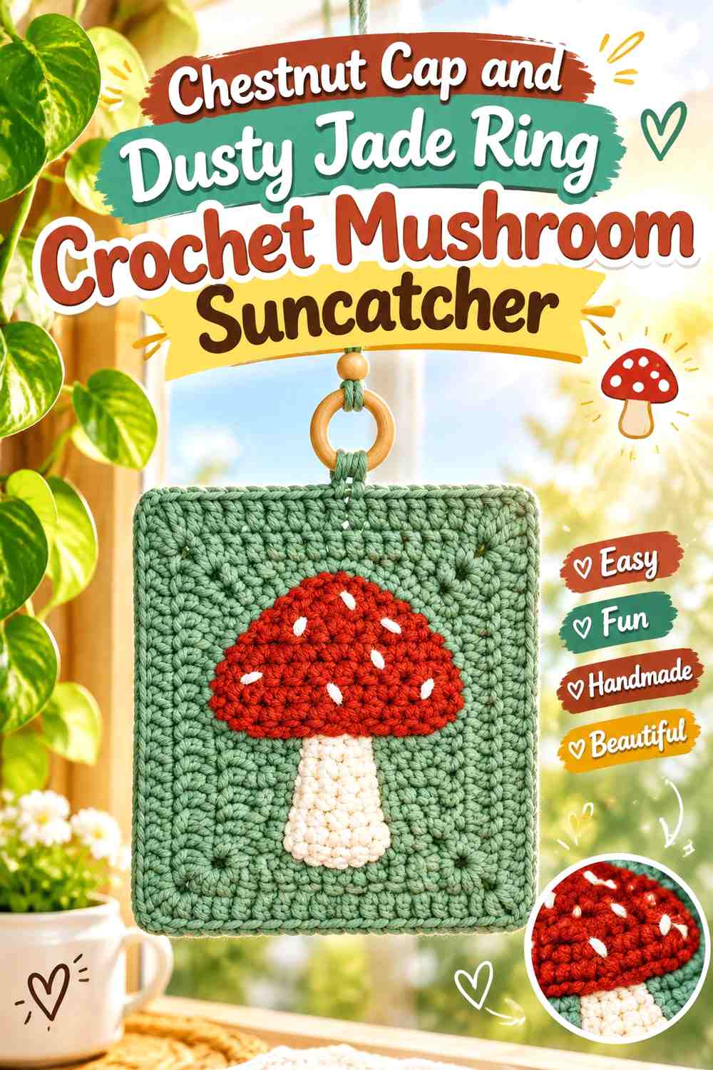 Chestnut Cap and Dusty Jade Ring Crochet Mushroom Suncatcher