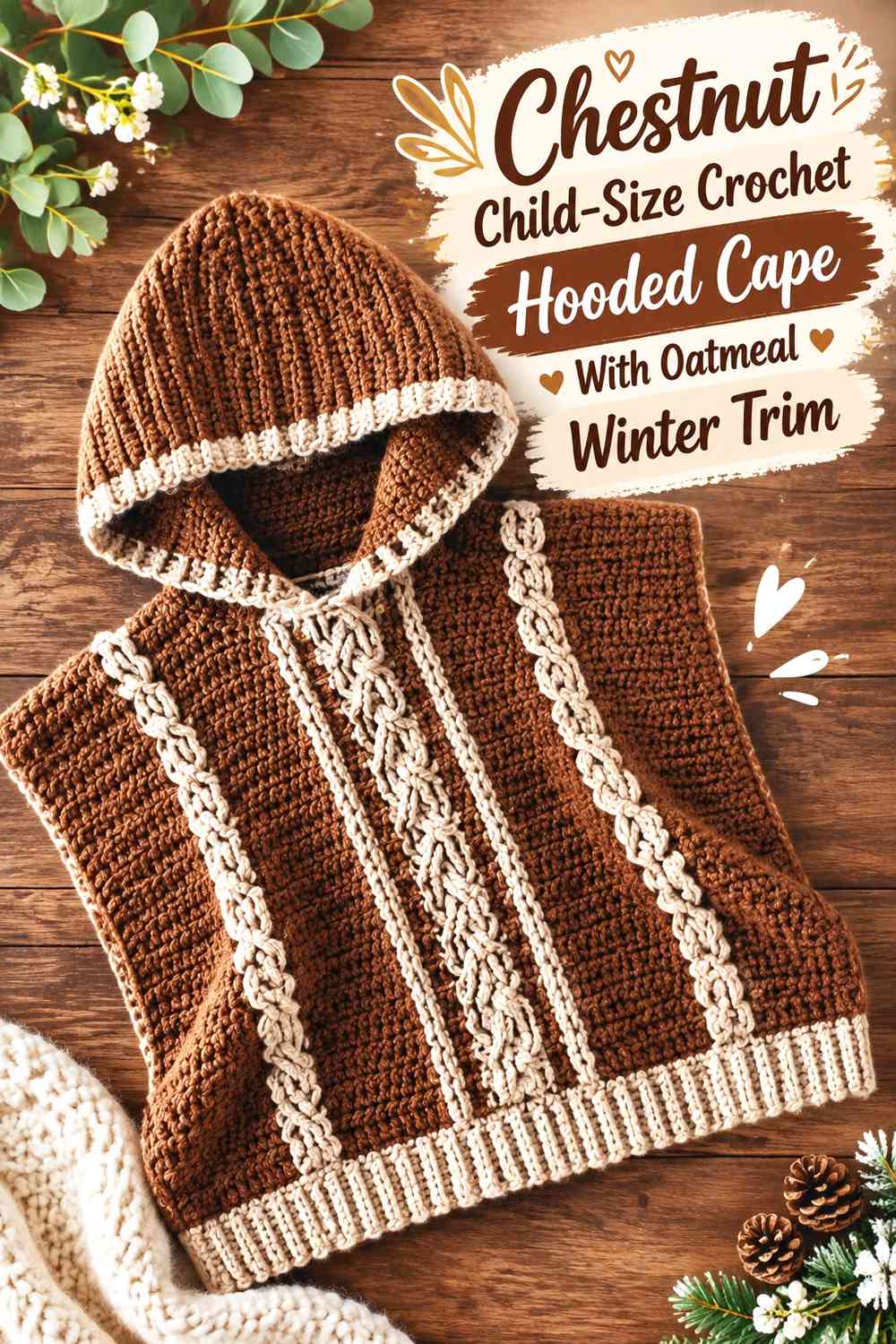 Chestnut Child-Size Crochet Hooded Cape With Oatmeal Winter Trim