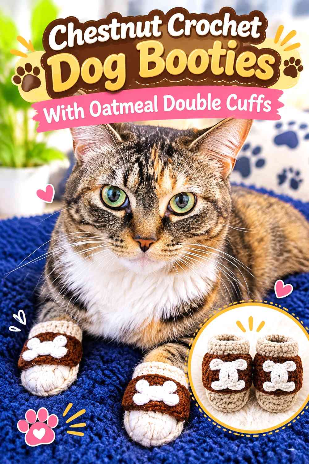 Chestnut Crochet Dog Booties With Oatmeal Double Cuffs