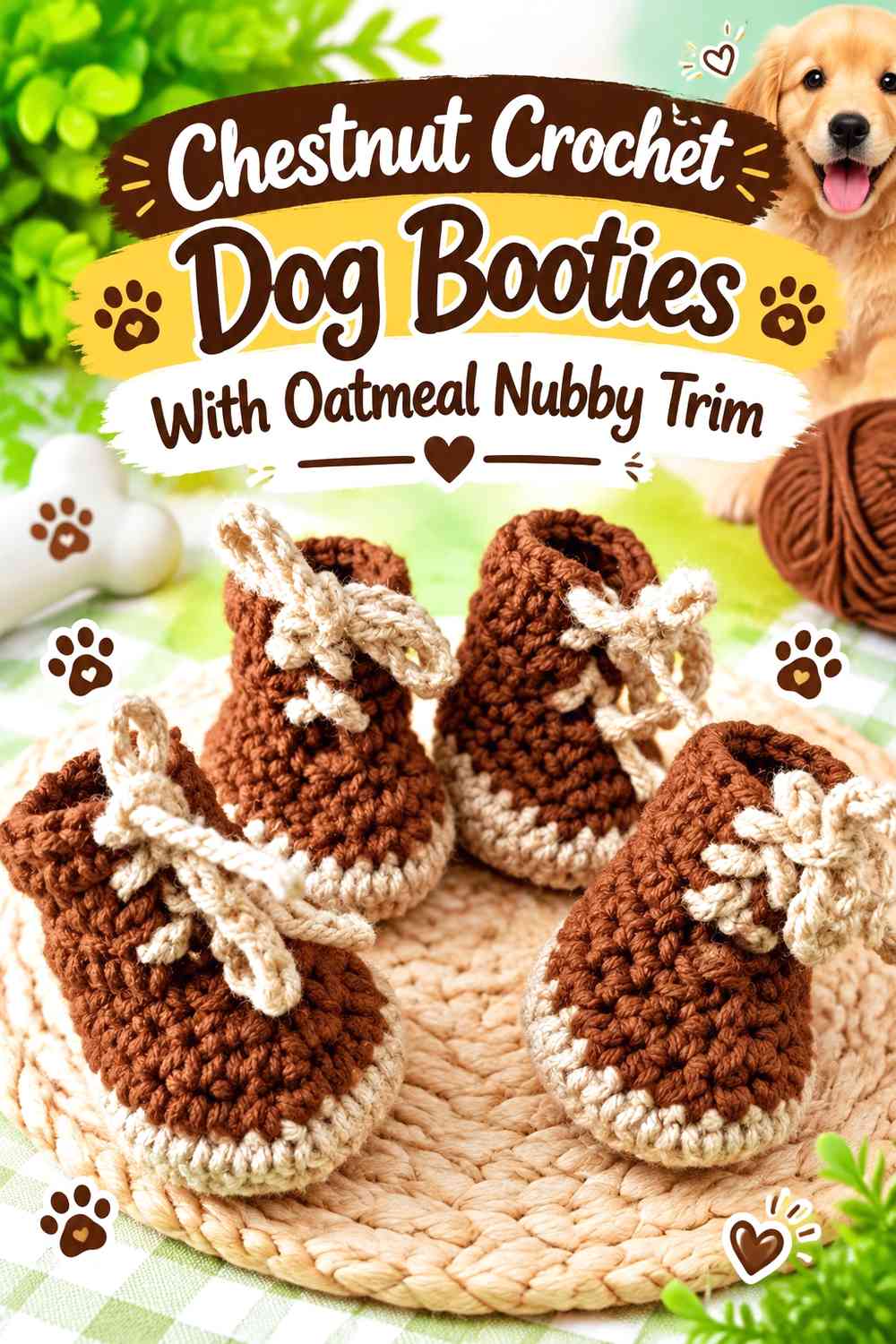 Chestnut Crochet Dog Booties With Oatmeal Nubby Trim