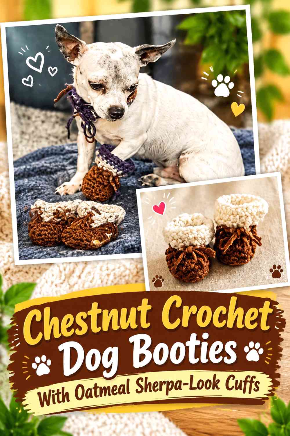 Chestnut Crochet Dog Booties With Oatmeal Sherpa-Look Cuffs