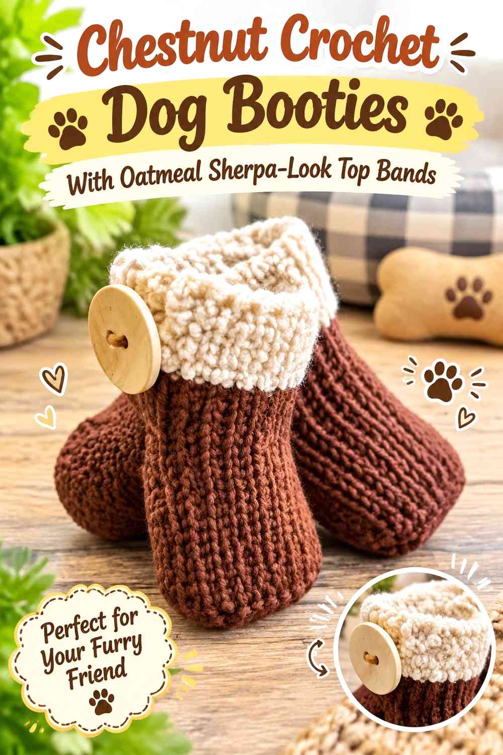 Chestnut Crochet Dog Booties With Oatmeal Sherpa-Look Top Bands