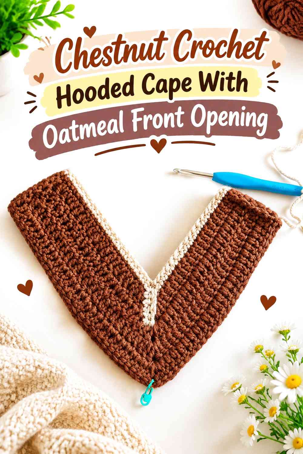 Chestnut Crochet Hooded Cape With Oatmeal Front Opening