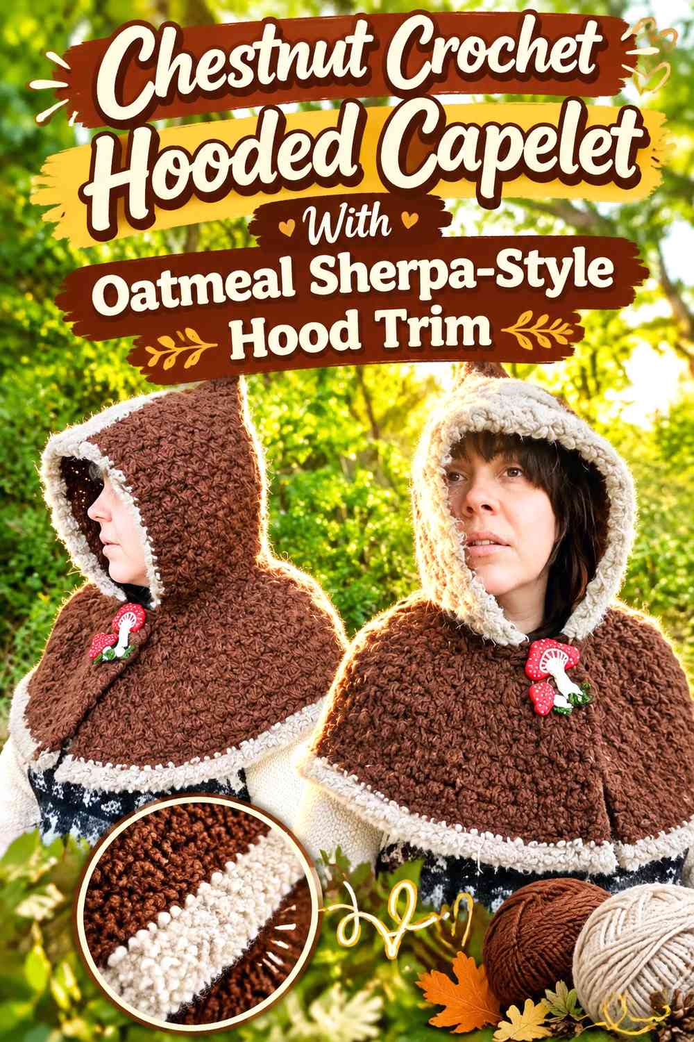 Chestnut Crochet Hooded Capelet With Oatmeal Sherpa-Style Hood Trim