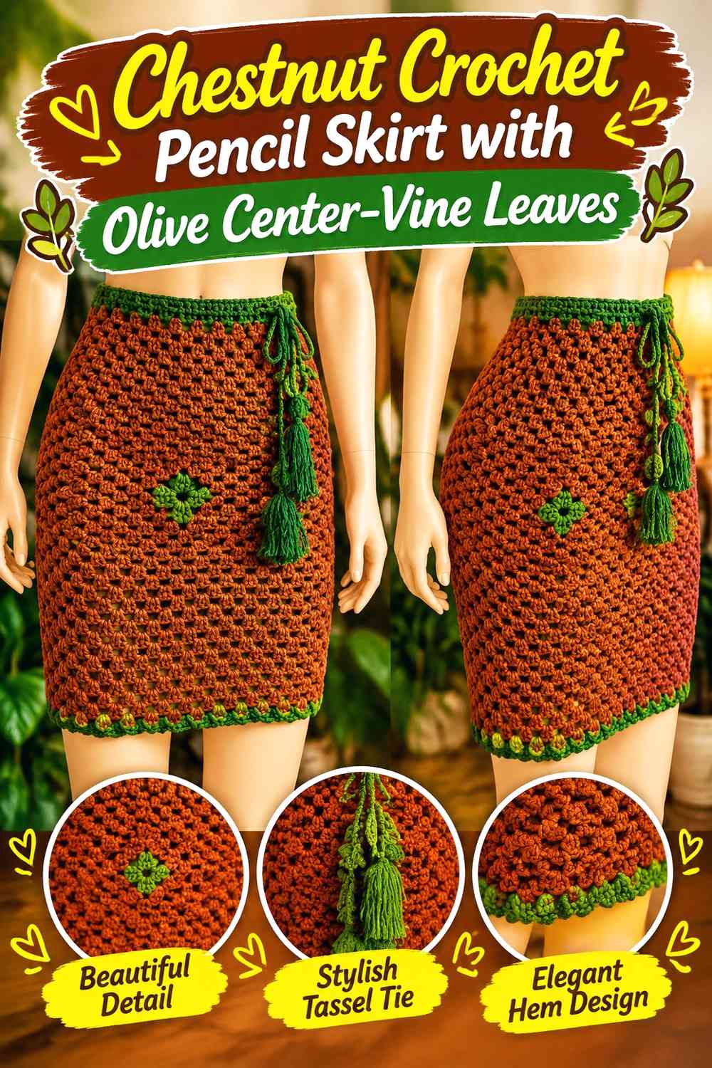 Chestnut Crochet Pencil Skirt with Olive Center-Vine Leaves