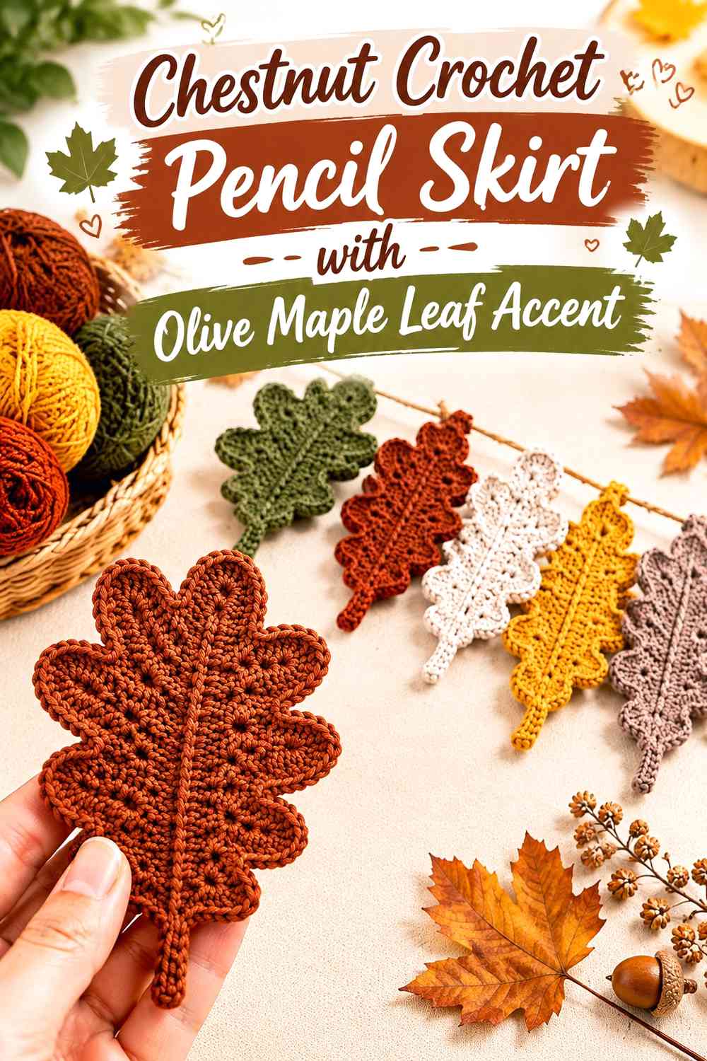 Chestnut Crochet Pencil Skirt with Olive Maple Leaf Accent
