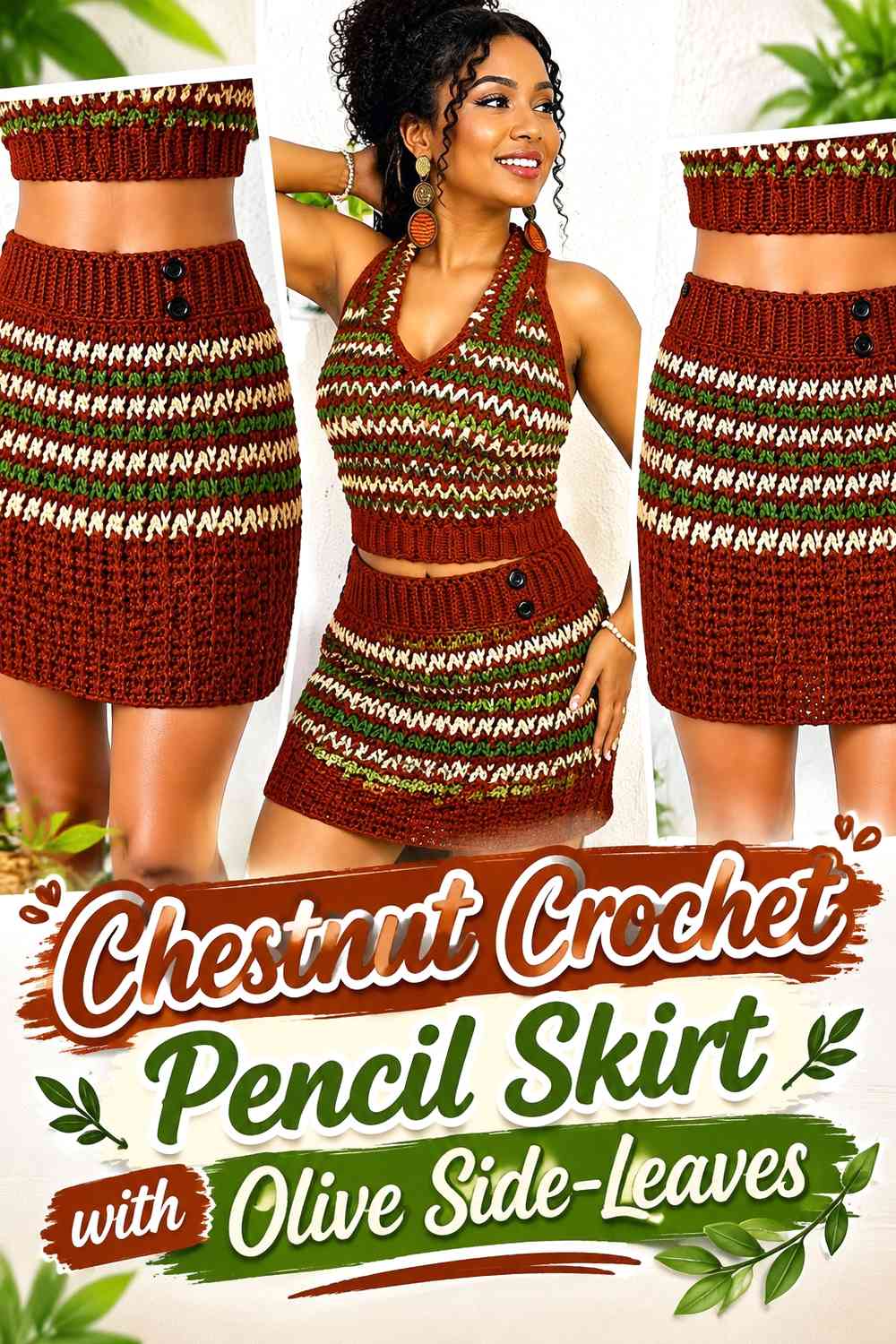 Chestnut Crochet Pencil Skirt with Olive Side-Leaves