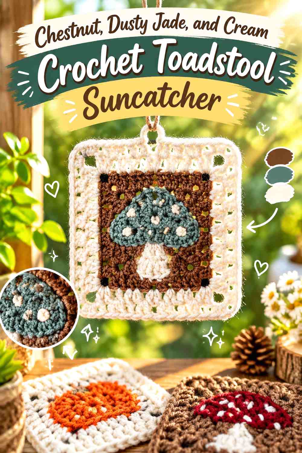 Chestnut, Dusty Jade, and Cream Crochet Toadstool Suncatcher