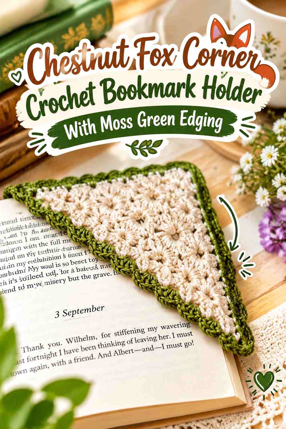 Chestnut Fox Corner Crochet Bookmark Holder With Moss Green Edging