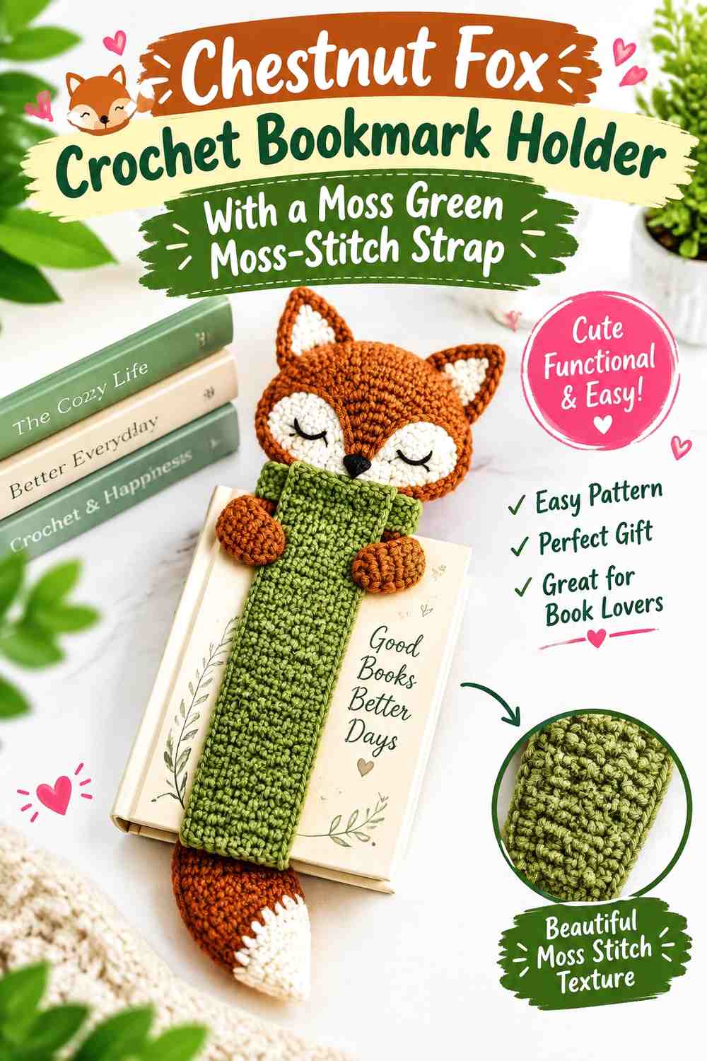 Chestnut Fox Crochet Bookmark Holder With a Moss Green Moss-Stitch Strap