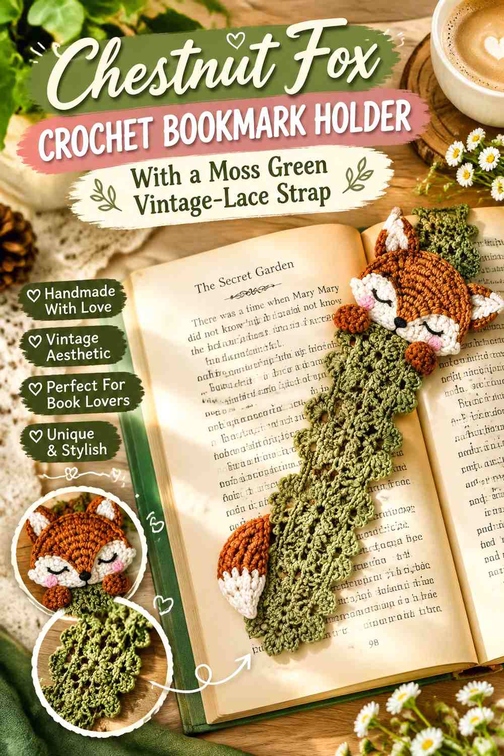 Chestnut Fox Crochet Bookmark Holder With a Moss Green Vintage-Lace Strap