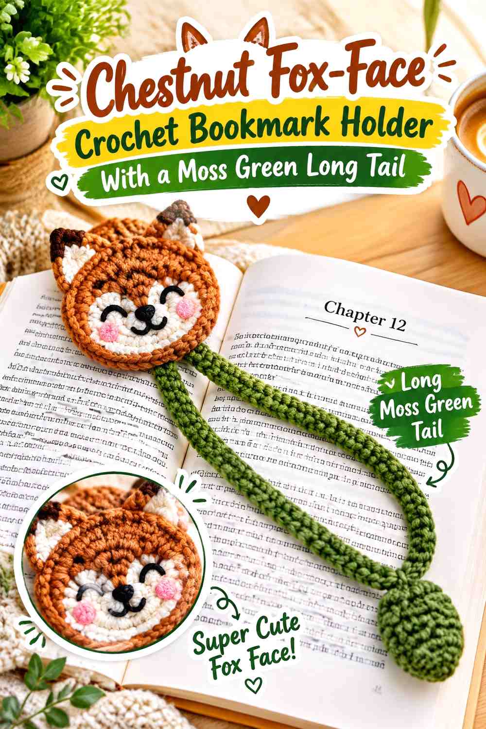 Chestnut Fox-Face Crochet Bookmark Holder With a Moss Green Long Tail