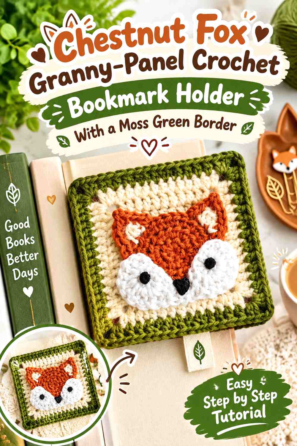 Chestnut Fox Granny-Panel Crochet Bookmark Holder With a Moss Green Border
