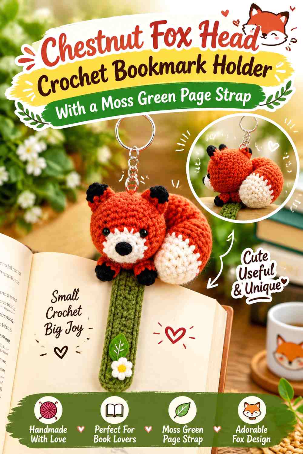 Chestnut Fox Head Crochet Bookmark Holder With a Moss Green Page Strap