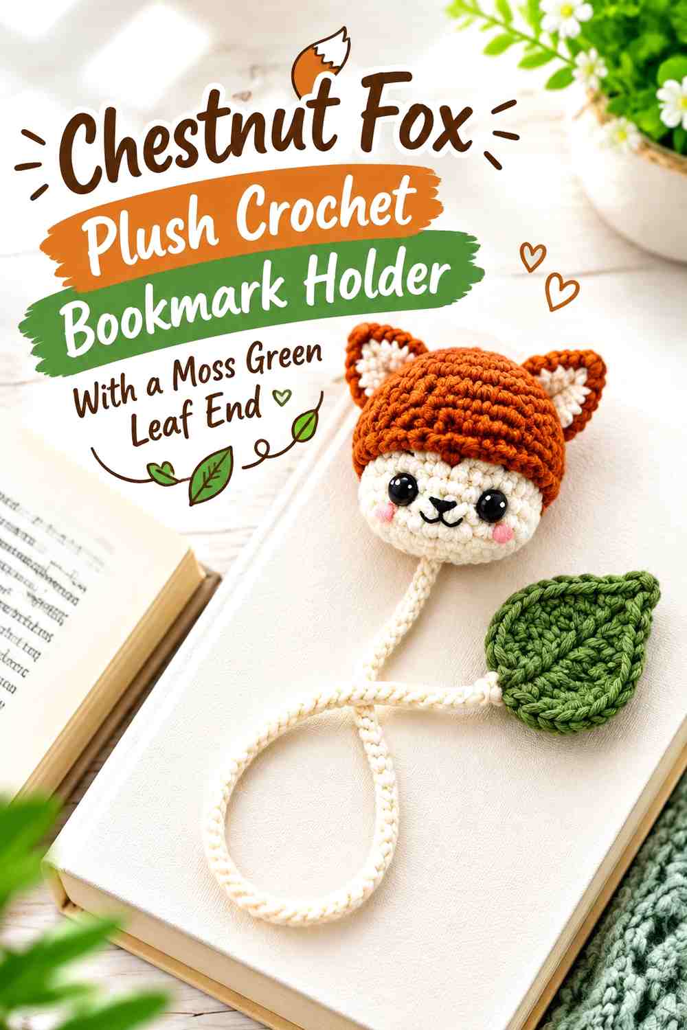 Chestnut Fox Plush Crochet Bookmark Holder With a Moss Green Leaf End