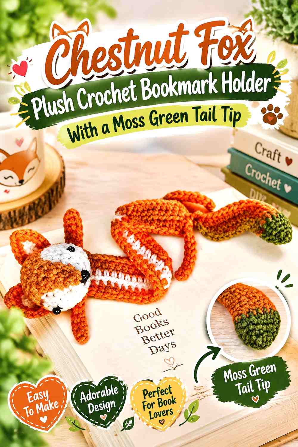 Chestnut Fox Plush Crochet Bookmark Holder With a Moss Green Tail Tip