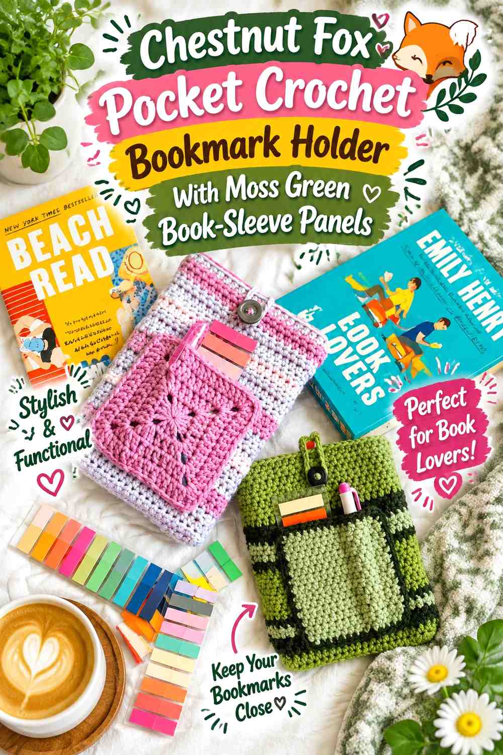 Chestnut Fox Pocket Crochet Bookmark Holder With Moss Green Book-Sleeve Panels