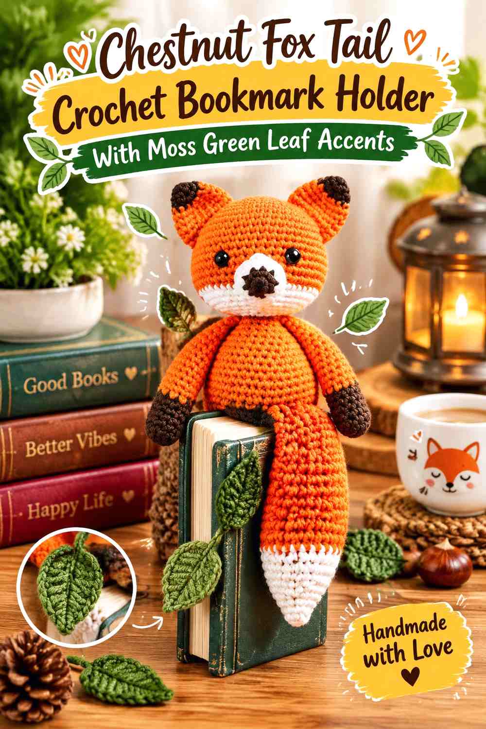 Chestnut Fox Tail Crochet Bookmark Holder With Moss Green Leaf Accents