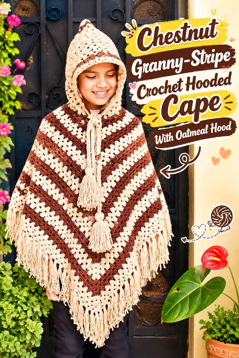 Chestnut Granny-Stripe Crochet Hooded Cape With Oatmeal Hood