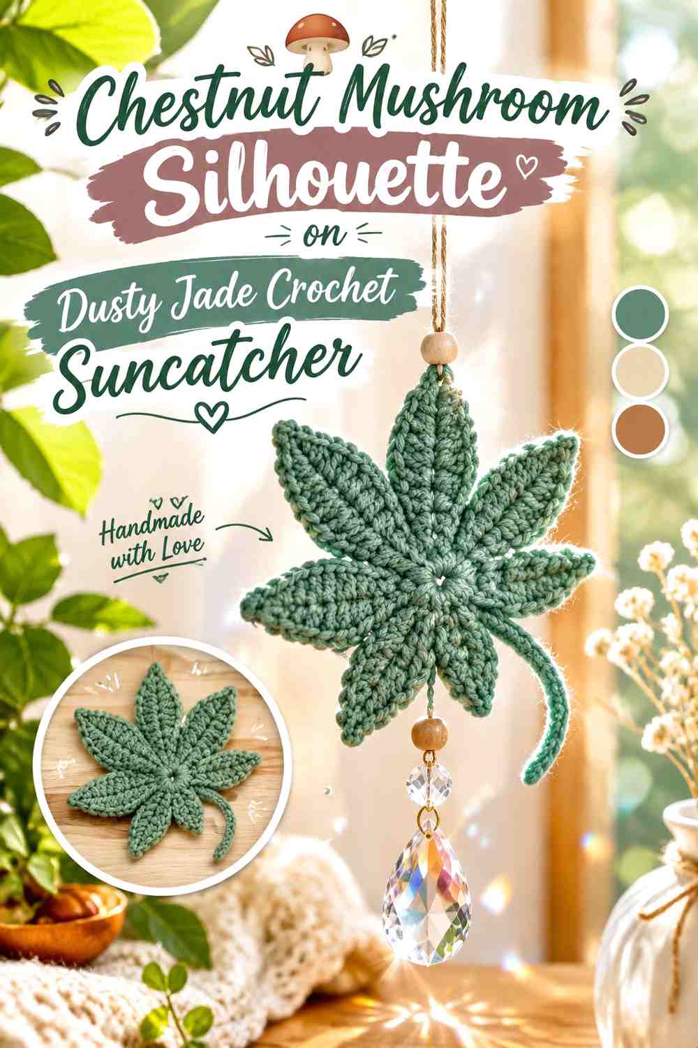 Chestnut Mushroom Silhouette on Dusty Jade Crochet Suncatcher