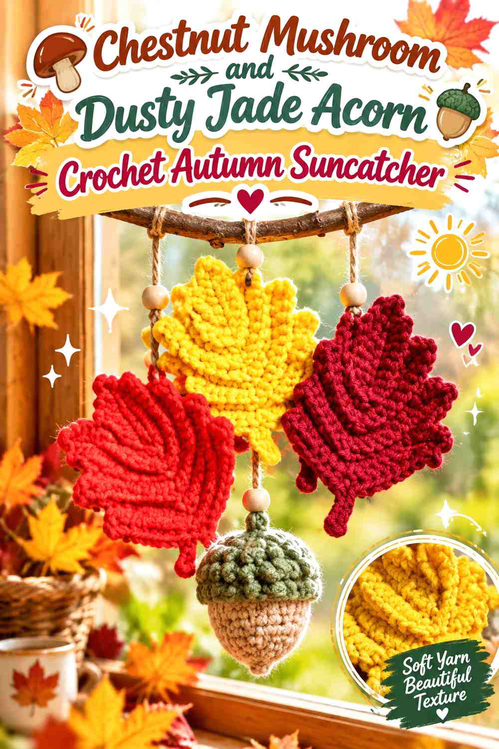 Chestnut Mushroom and Dusty Jade Acorn Crochet Autumn Suncatcher