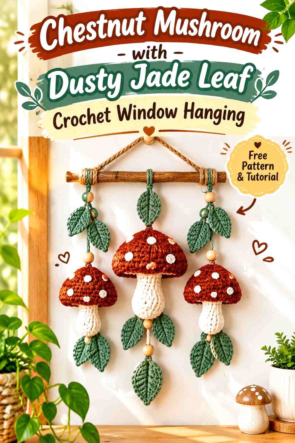 Chestnut Mushroom with Dusty Jade Leaf Crochet Window Hanging