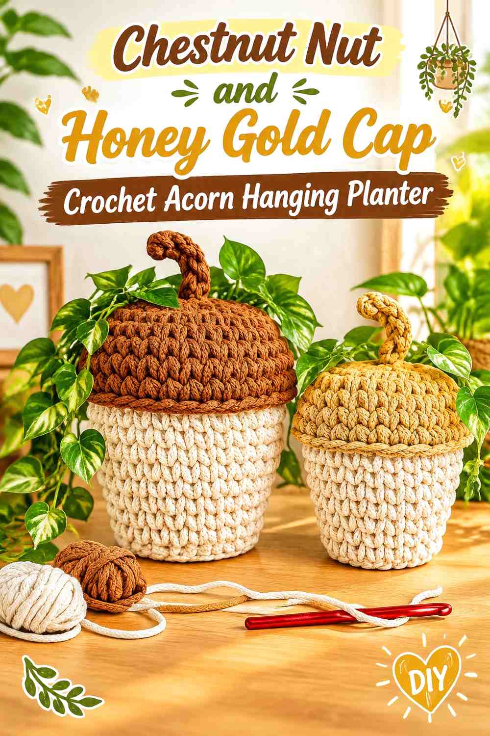 Chestnut Nut and Honey Gold Cap Crochet Acorn Hanging Planter