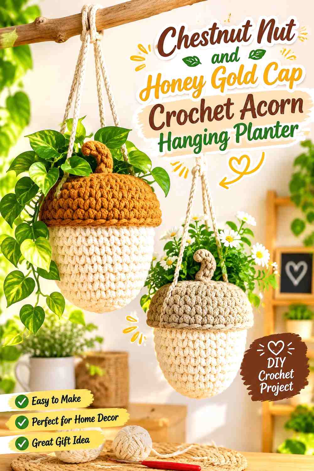 Chestnut Nut and Honey Gold Cap Crochet Acorn Hanging Planter