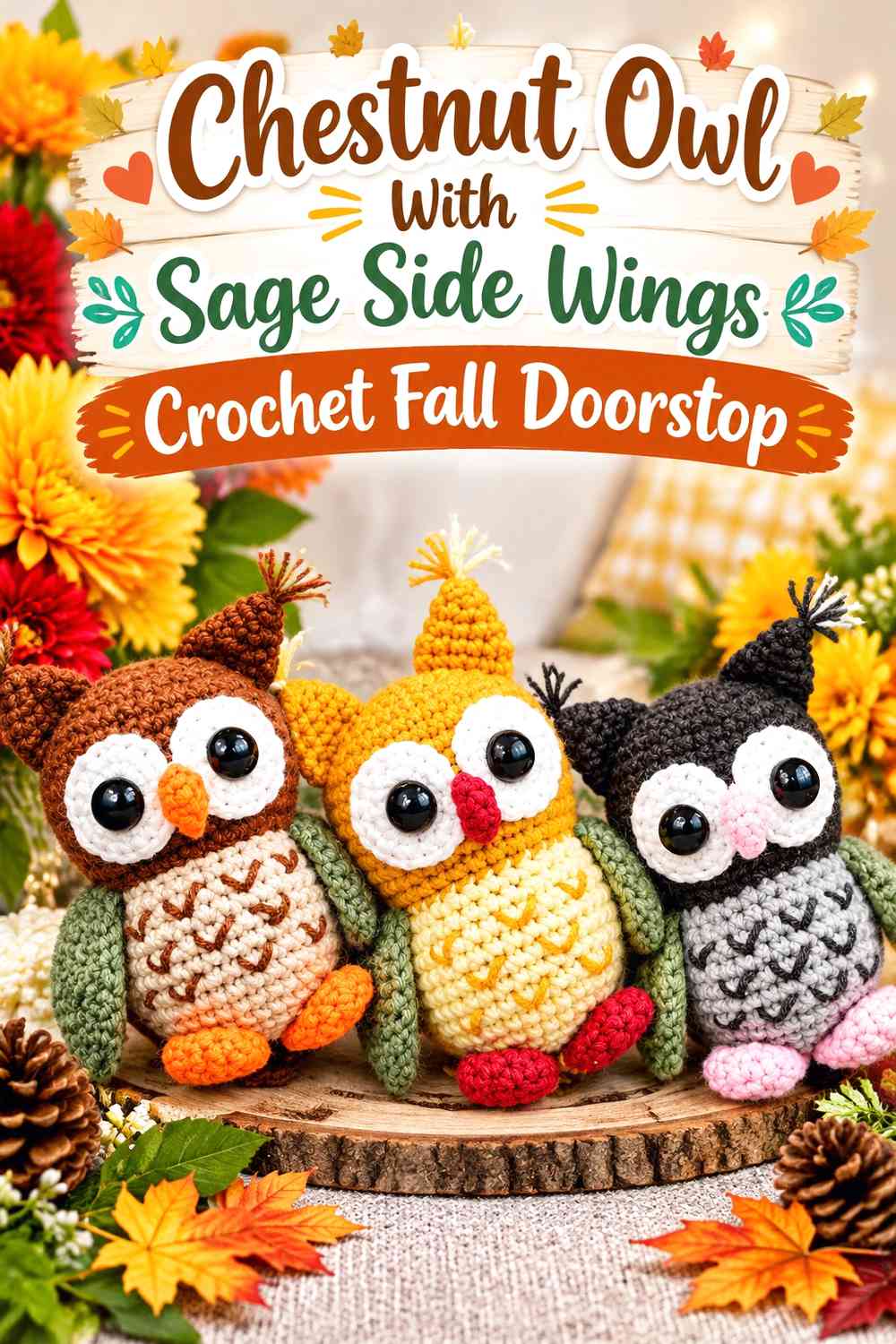 Chestnut Owl With Sage Side Wings Crochet Fall Doorstop