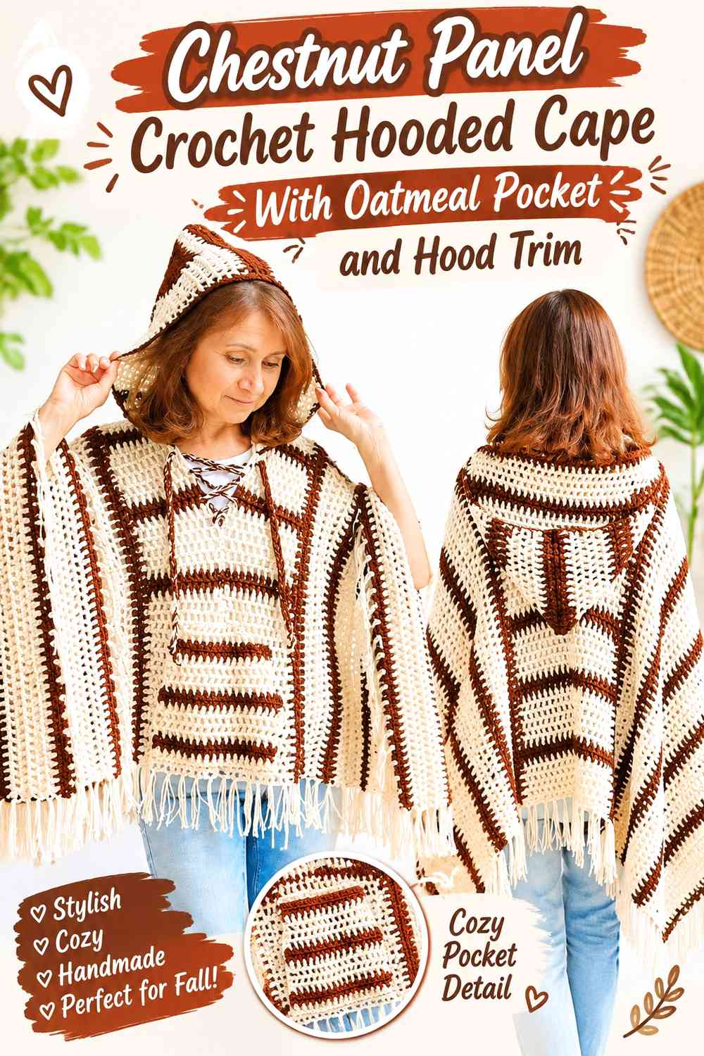 Chestnut Panel Crochet Hooded Cape With Oatmeal Pocket and Hood Trim