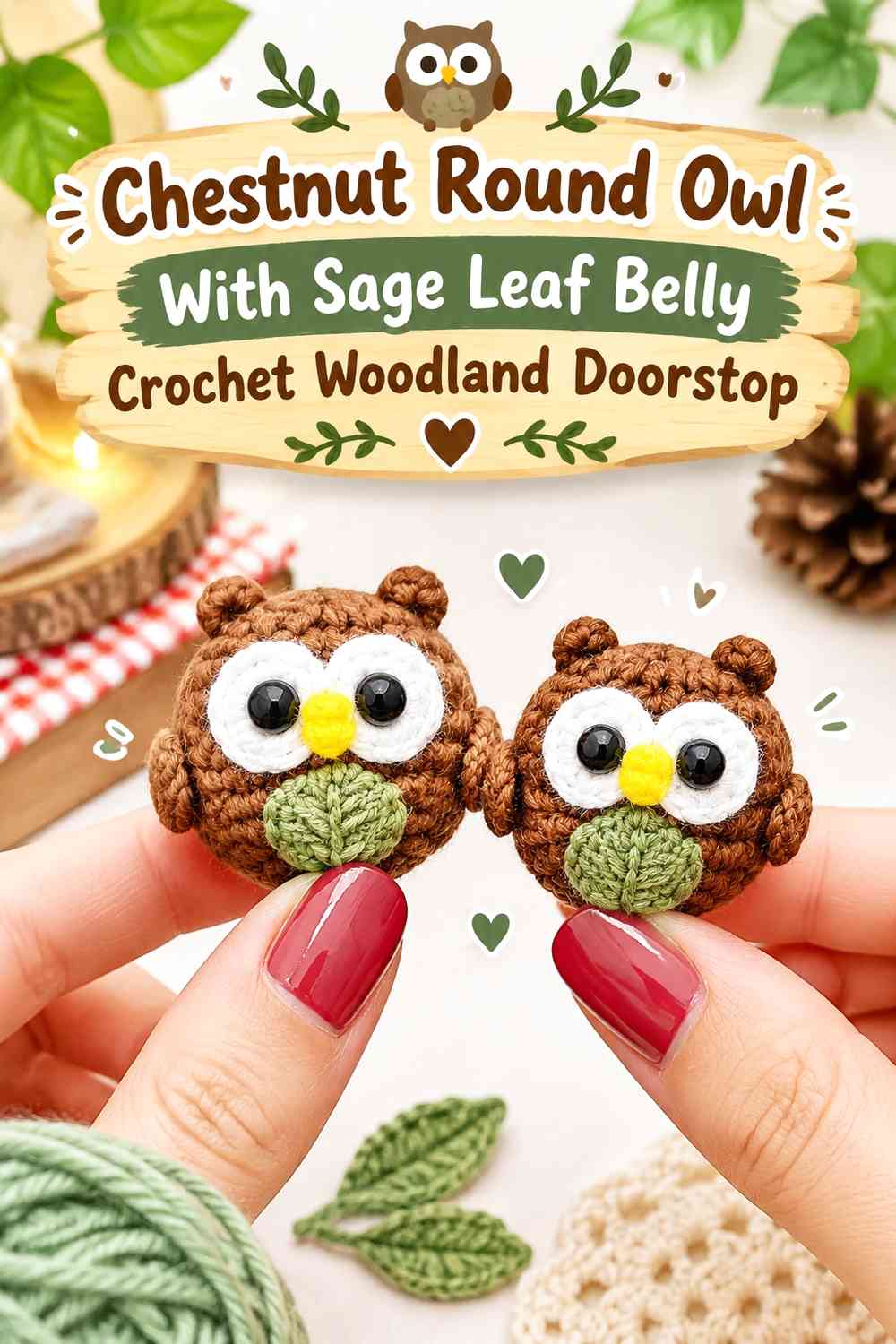 Chestnut Round Owl With Sage Leaf Belly Crochet Woodland Doorstop
