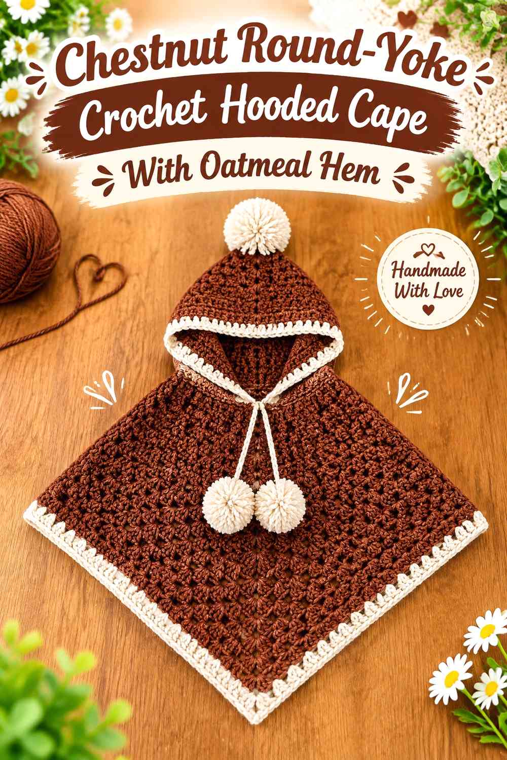 Chestnut Round-Yoke Crochet Hooded Cape With Oatmeal Hem