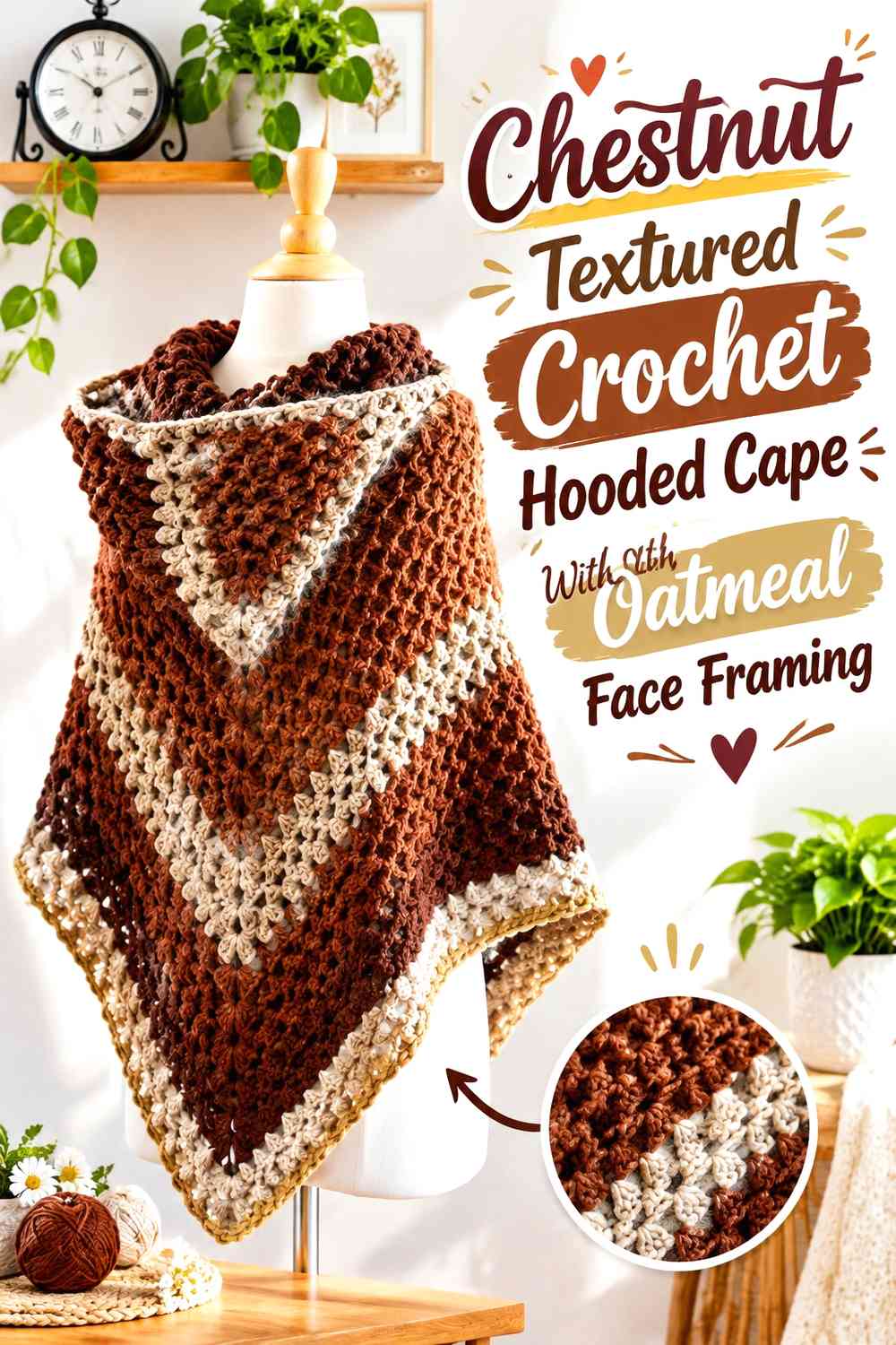 Chestnut Textured Crochet Hooded Cape With Oatmeal Face Framing