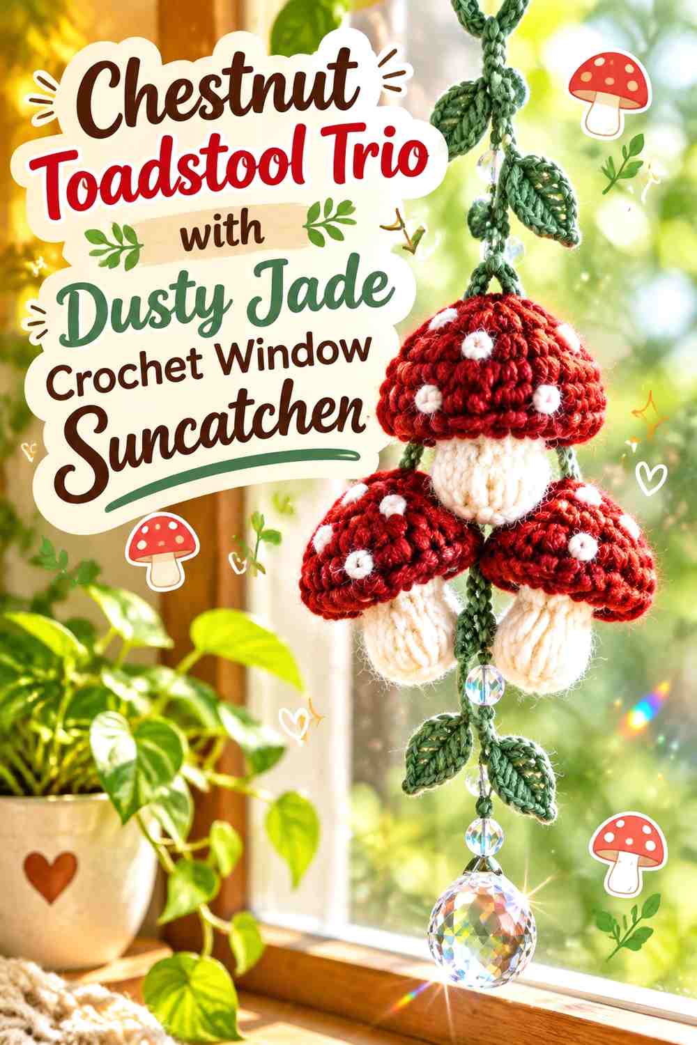 Chestnut Toadstool Trio with Dusty Jade Crochet Window Suncatcher