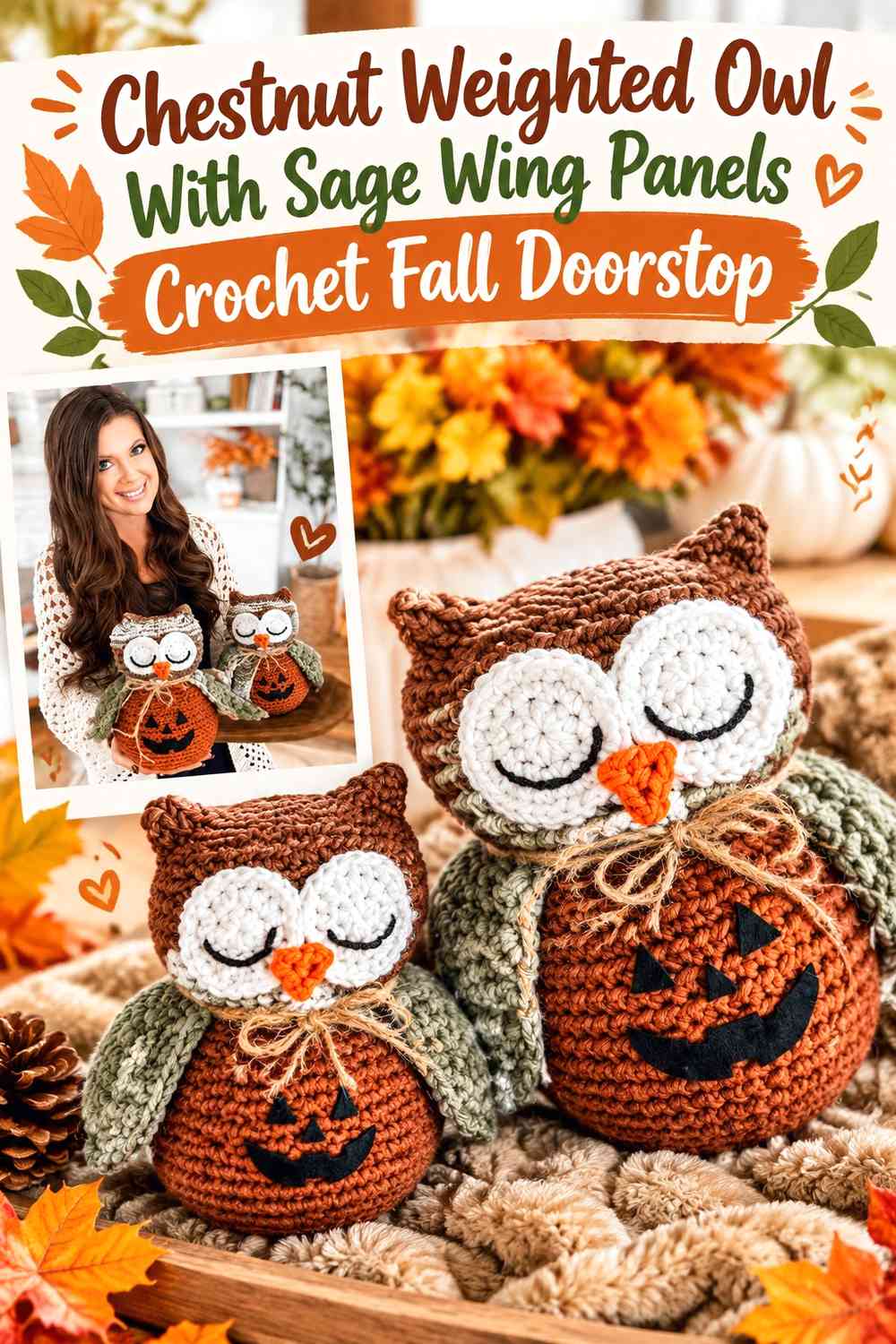 Chestnut Weighted Owl With Sage Wing Panels Crochet Fall Doorstop
