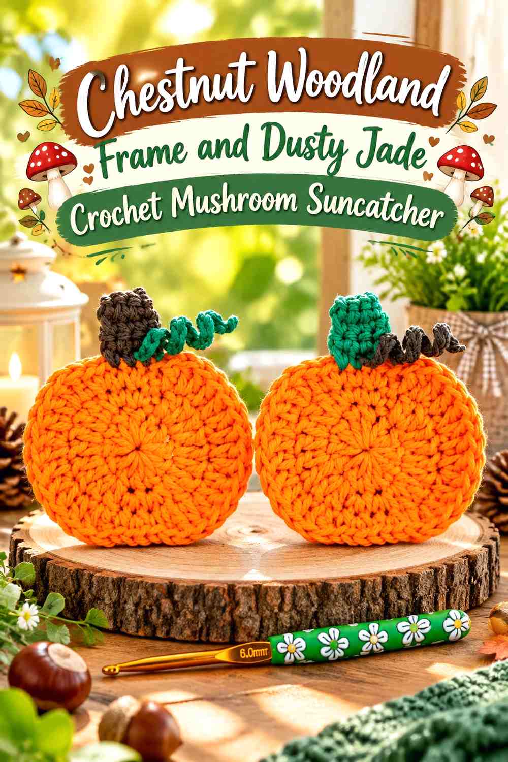 Chestnut Woodland Frame and Dusty Jade Crochet Mushroom Suncatcher