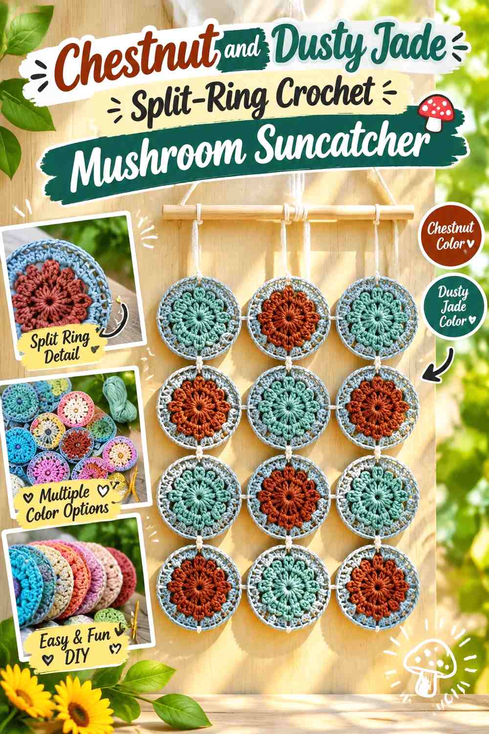 Chestnut and Dusty Jade Split-Ring Crochet Mushroom Suncatcher